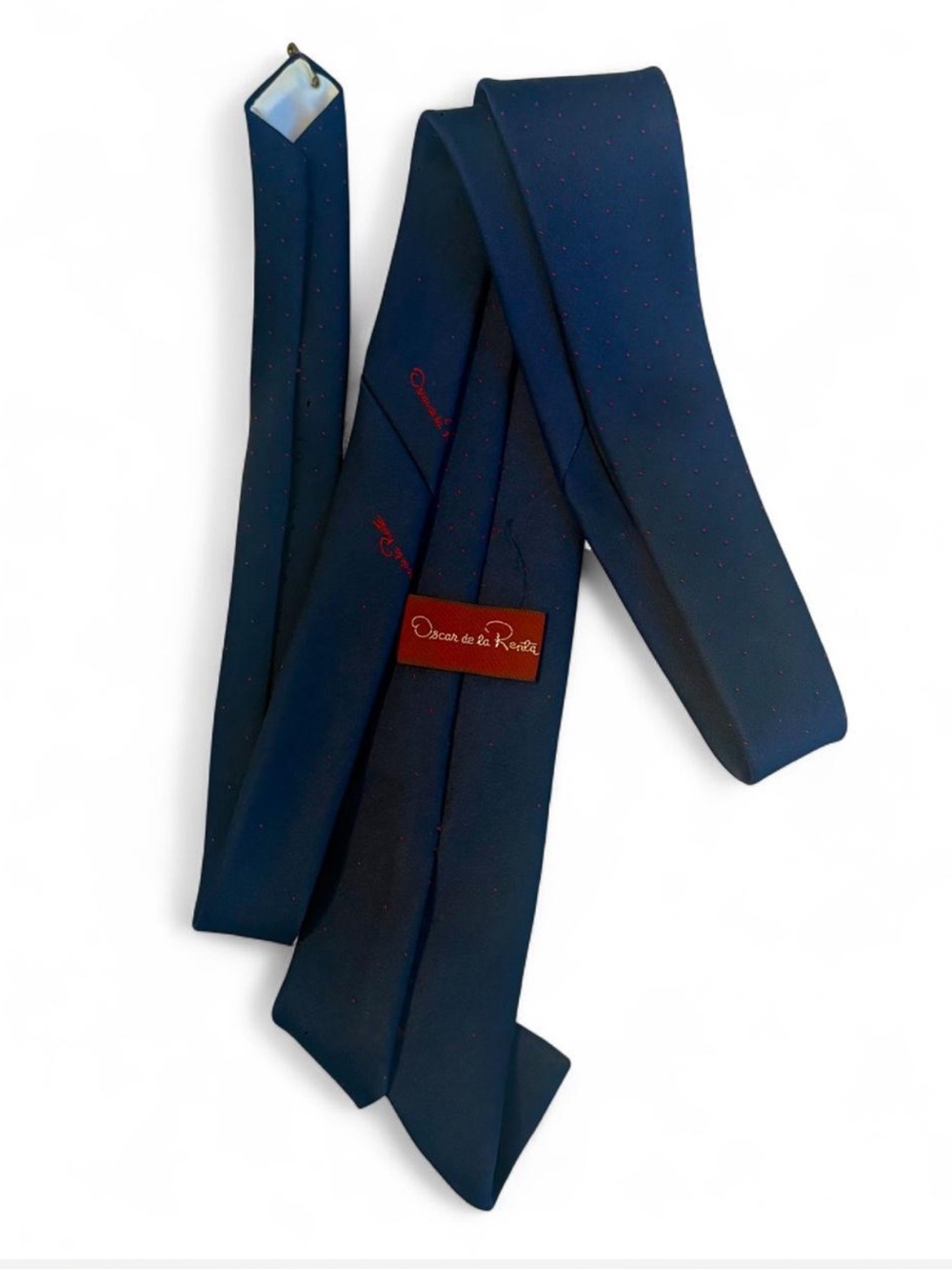 Oscar de la Renta Dark Navy Silk Tie with Subtle Red Dots